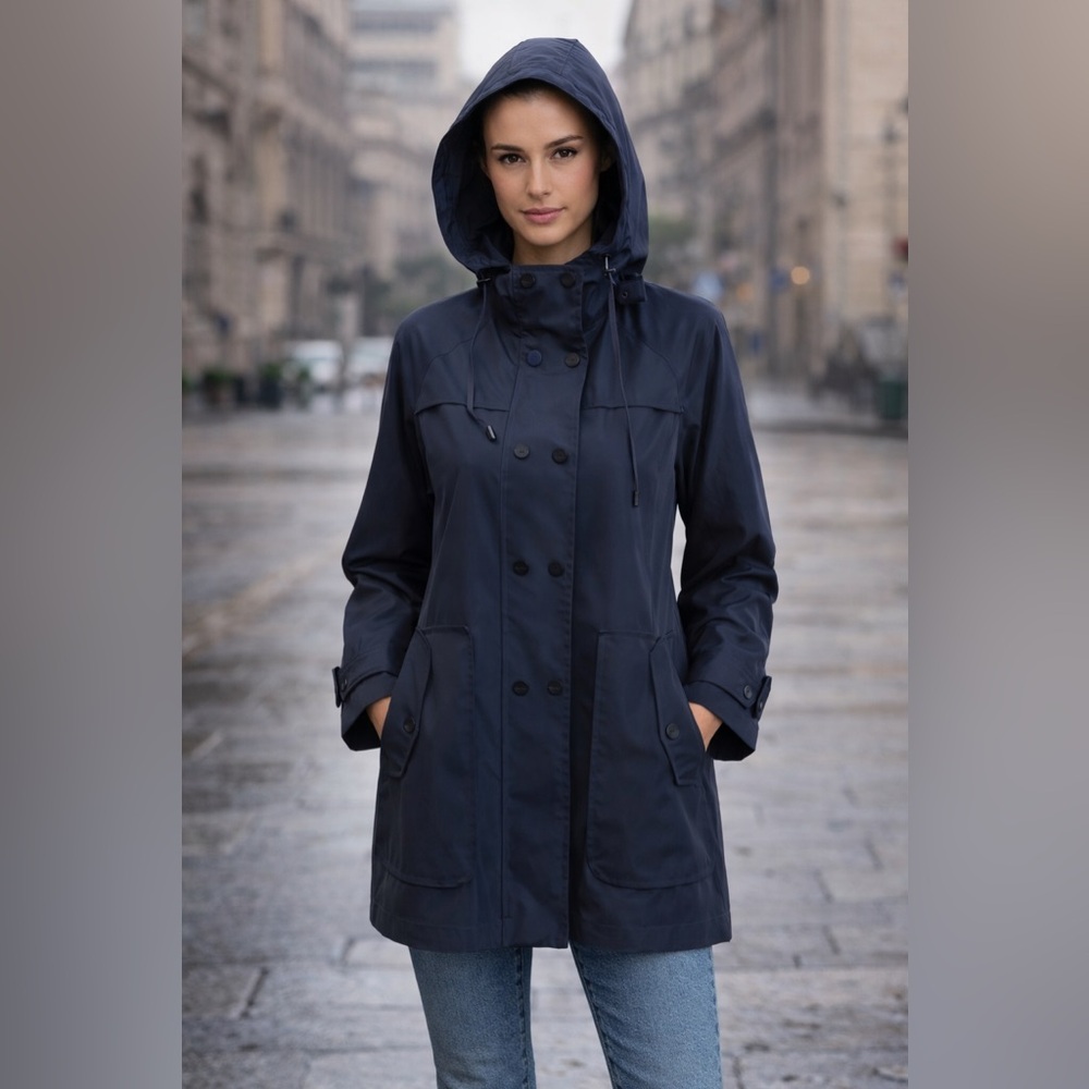 Kenneth Cole Hooded Navy Rain Coat Size XS